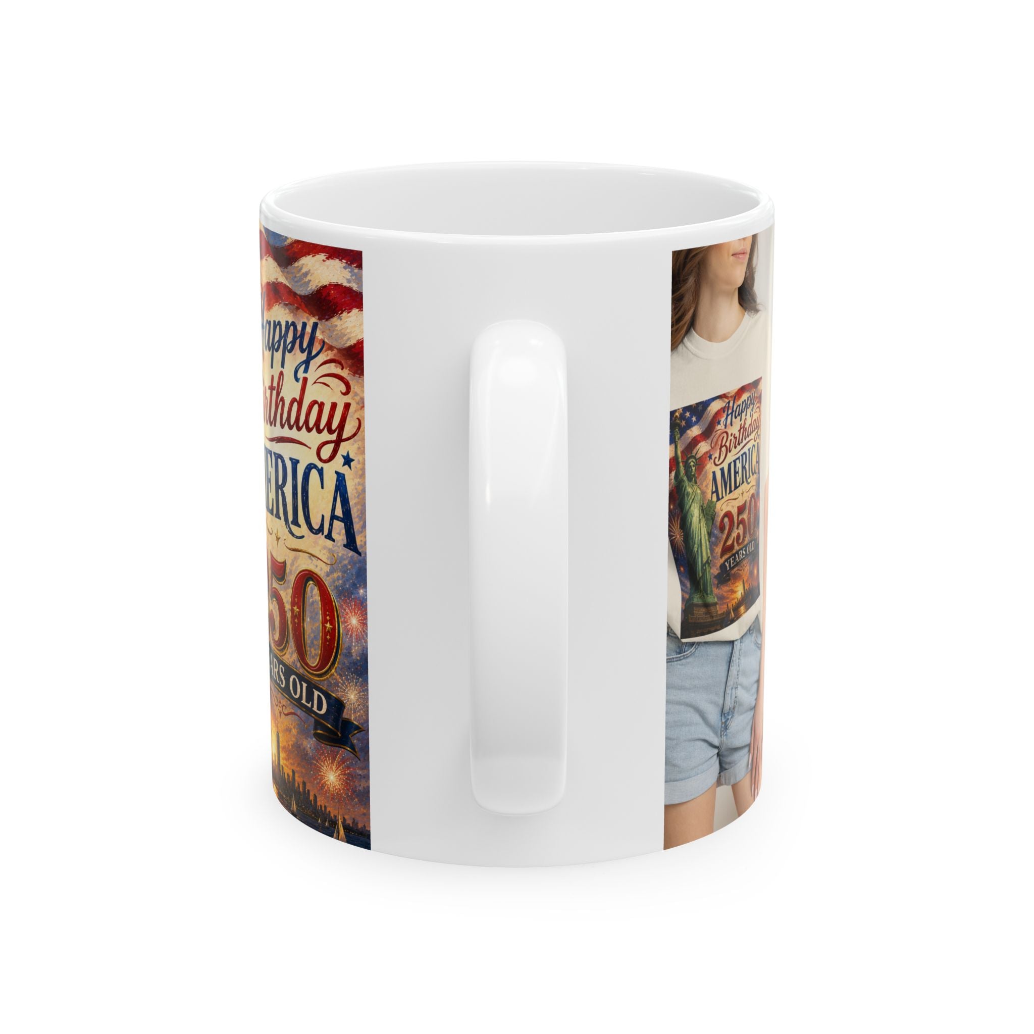 Happy Birthday America 250th Anniversary Ceramic Mug — Patriotic USA Coffee Cup