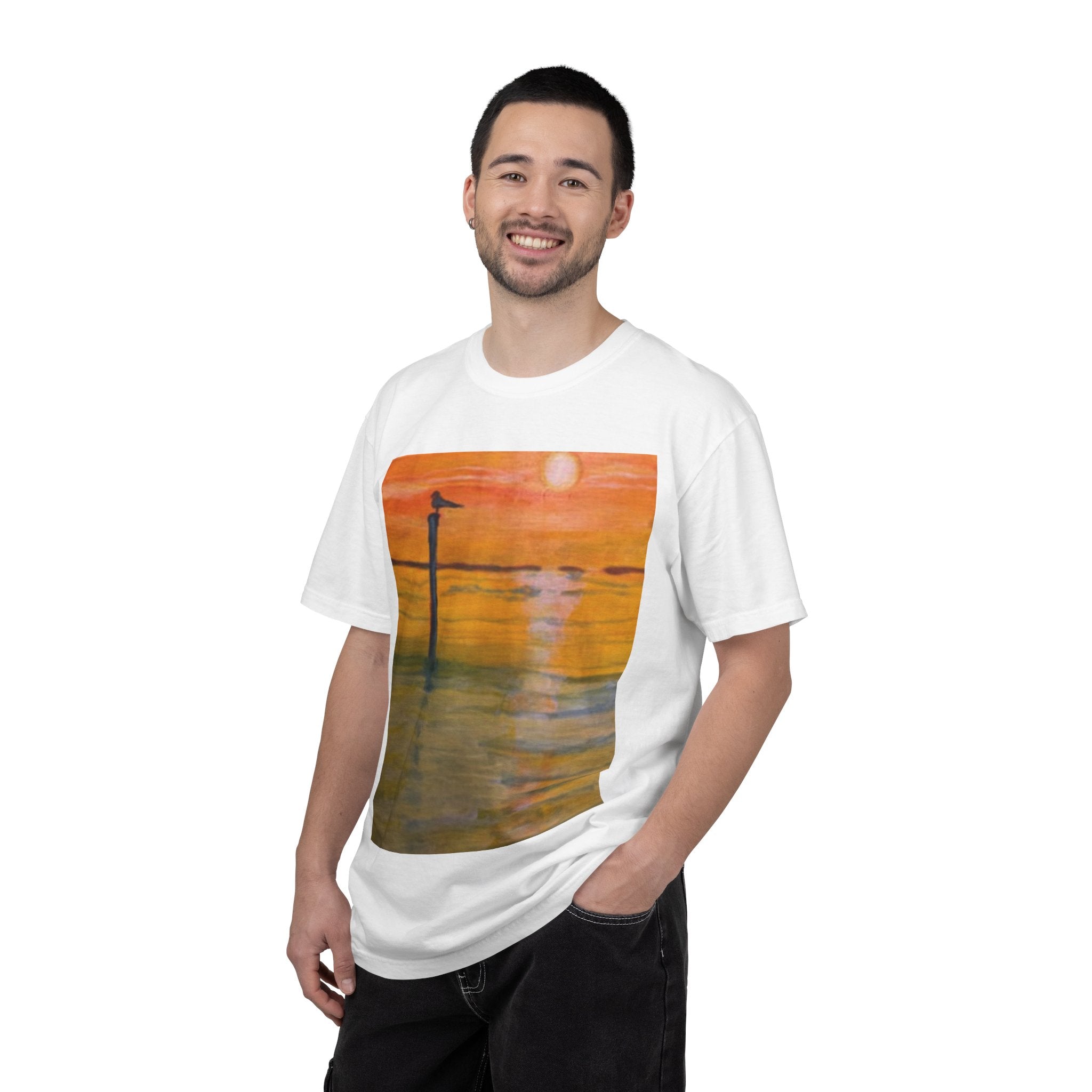 Sunset Seagull T-Shirt – Coastal Sunrise Beach Art Tee